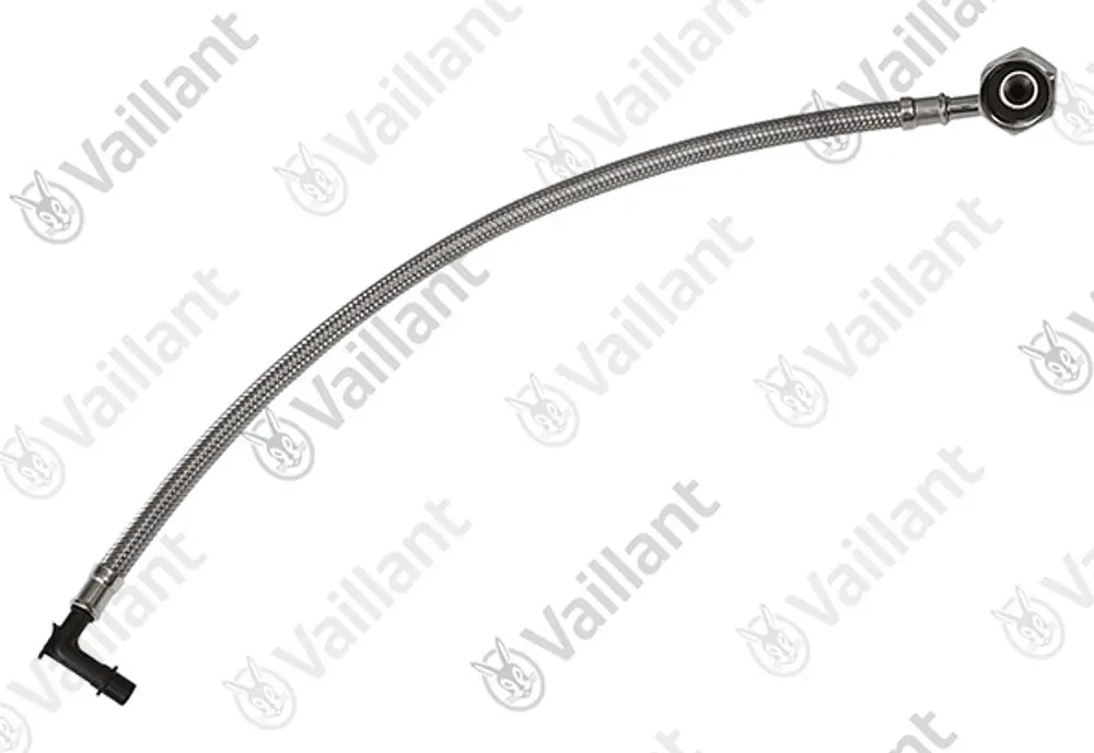 Edelstahlflexschlauch von Vaillant mit gebogenem Ende und Anschluss für Heizungs- oder Rohrsysteme. Klar erkennbar durch die flexible Bauweise.